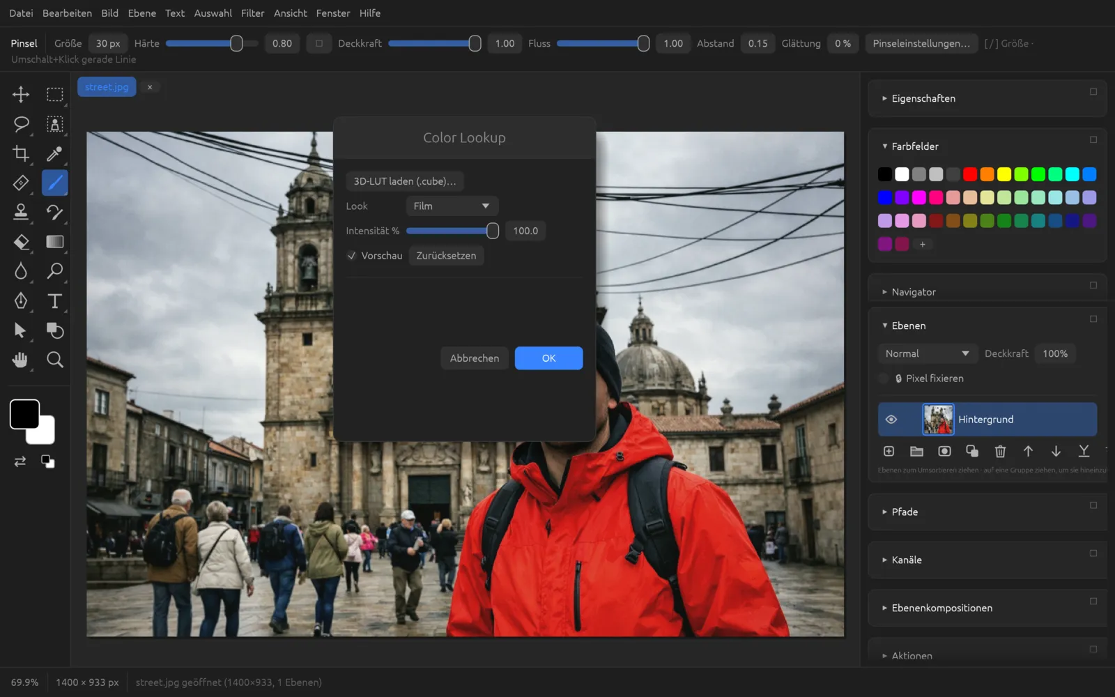 Dialog Color Lookup mit Look-Auswahl Film und Intensität