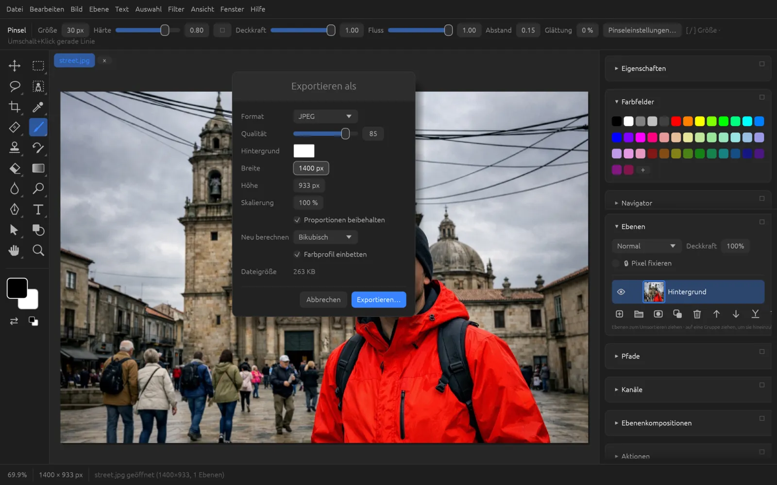 Dialog Exportieren als mit Format JPEG und Qualitätsregler
