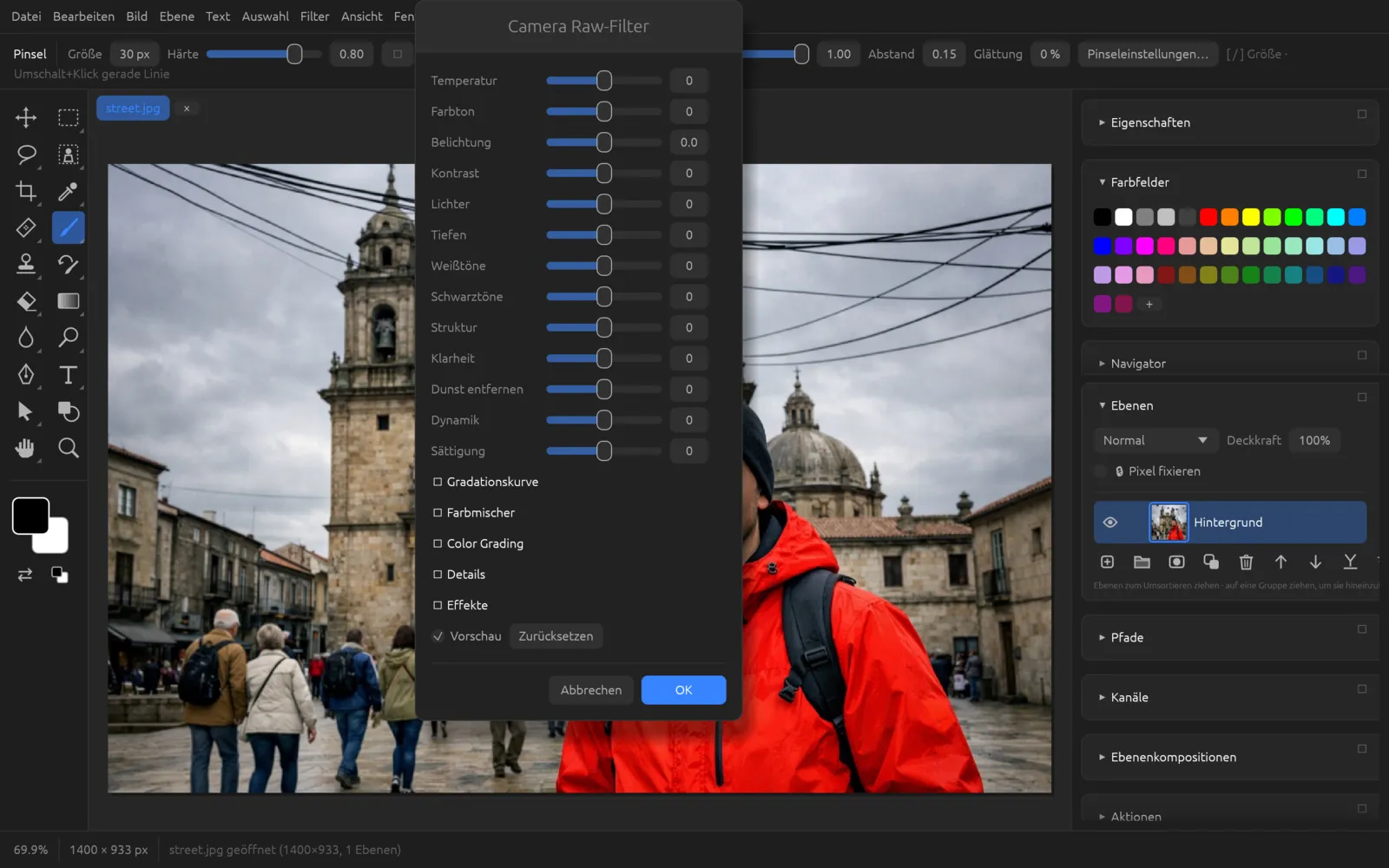 Dialog Camera Raw-Filter mit Grundreglern und aufklappbaren Bereichen