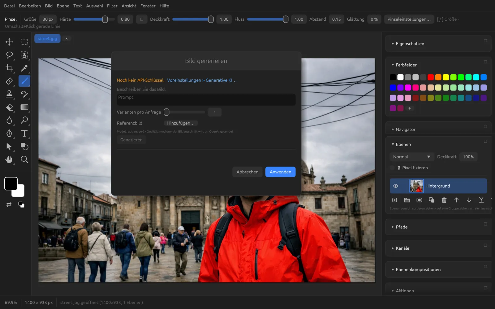 Dialog Bild generieren mit Promptfeld, Varianten pro Anfrage und Referenzbild