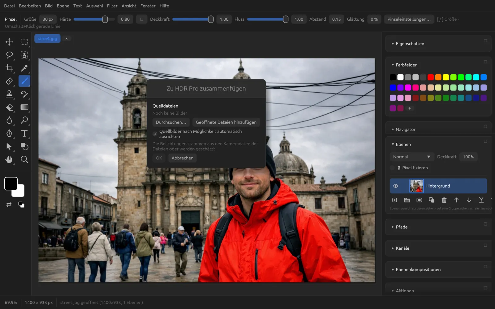 Dialog Zu HDR Pro zusammenfügen mit Quelldateien und Ausrichten-Option