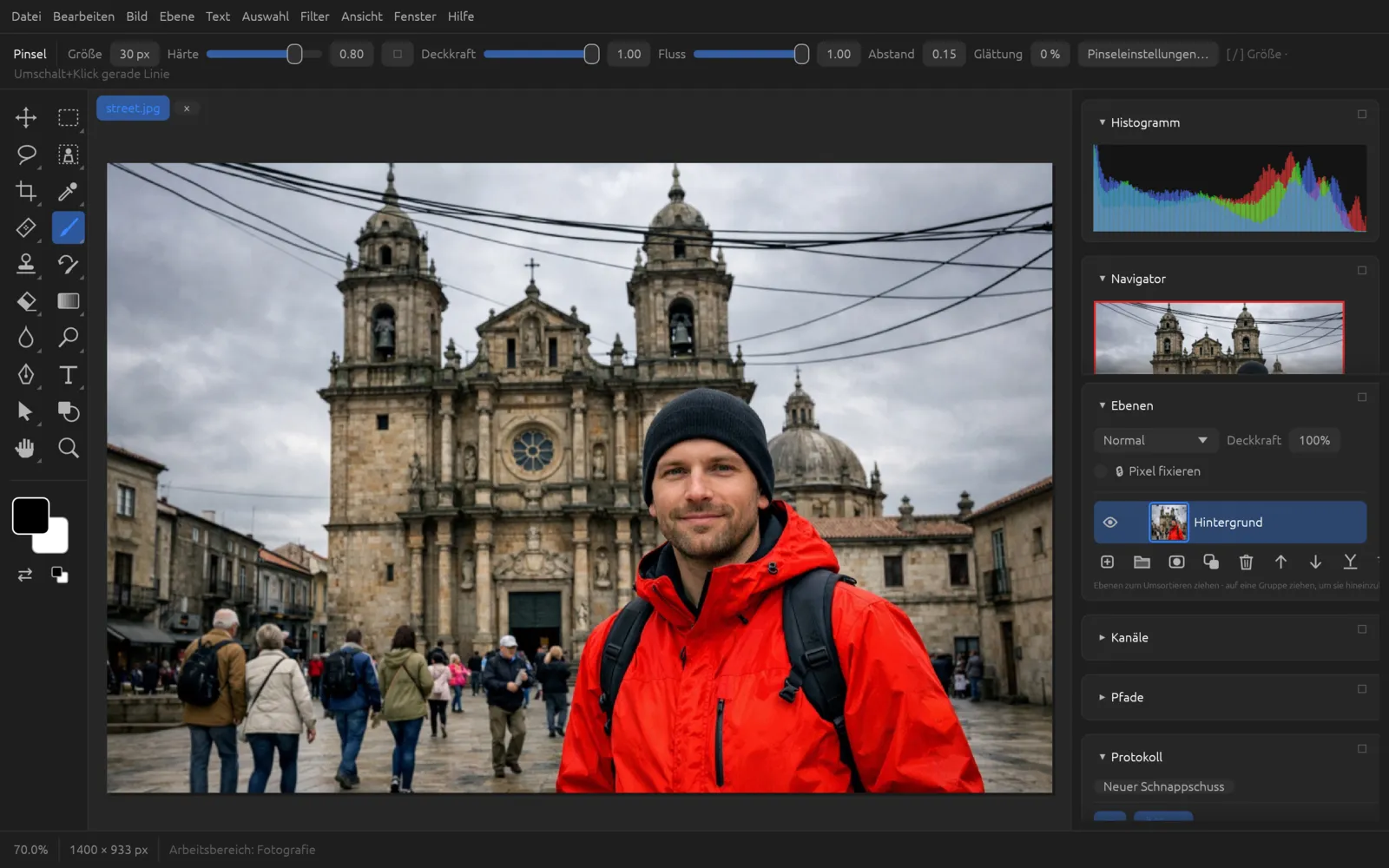 Arbeitsbereich Fotografie mit Histogramm und Navigator