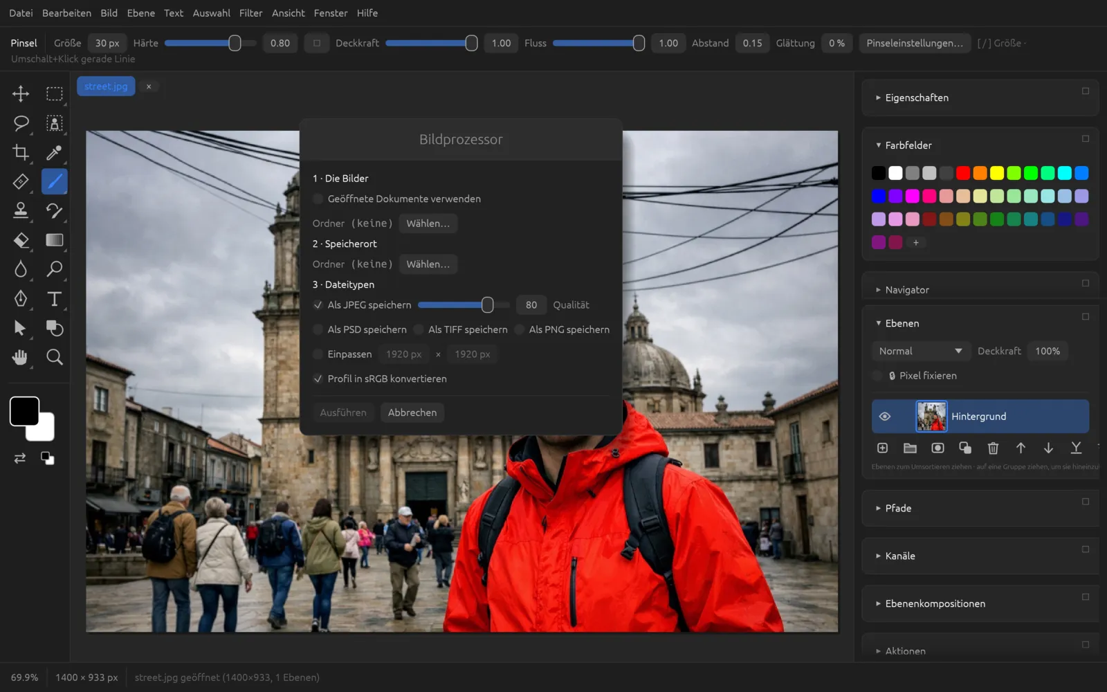 Dialog Bildprozessor mit den drei Abschnitten Bilder, Speicherort und Dateitypen