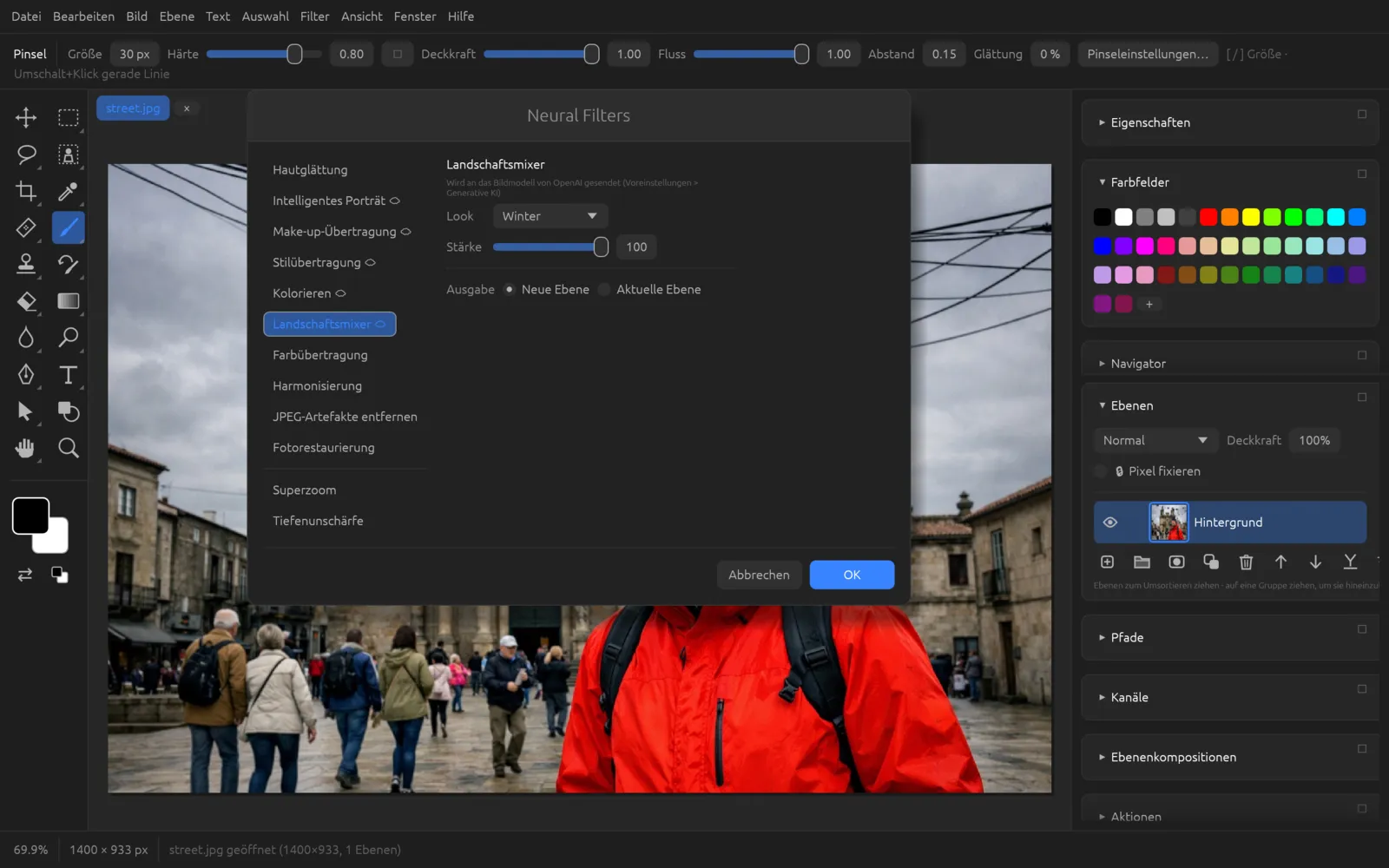 Neural Filters, Landschaftsmixer mit Look Winter und Stärke 100