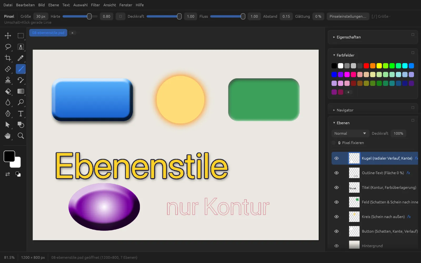 Beispieldatei mit verschiedenen Ebenenstilen