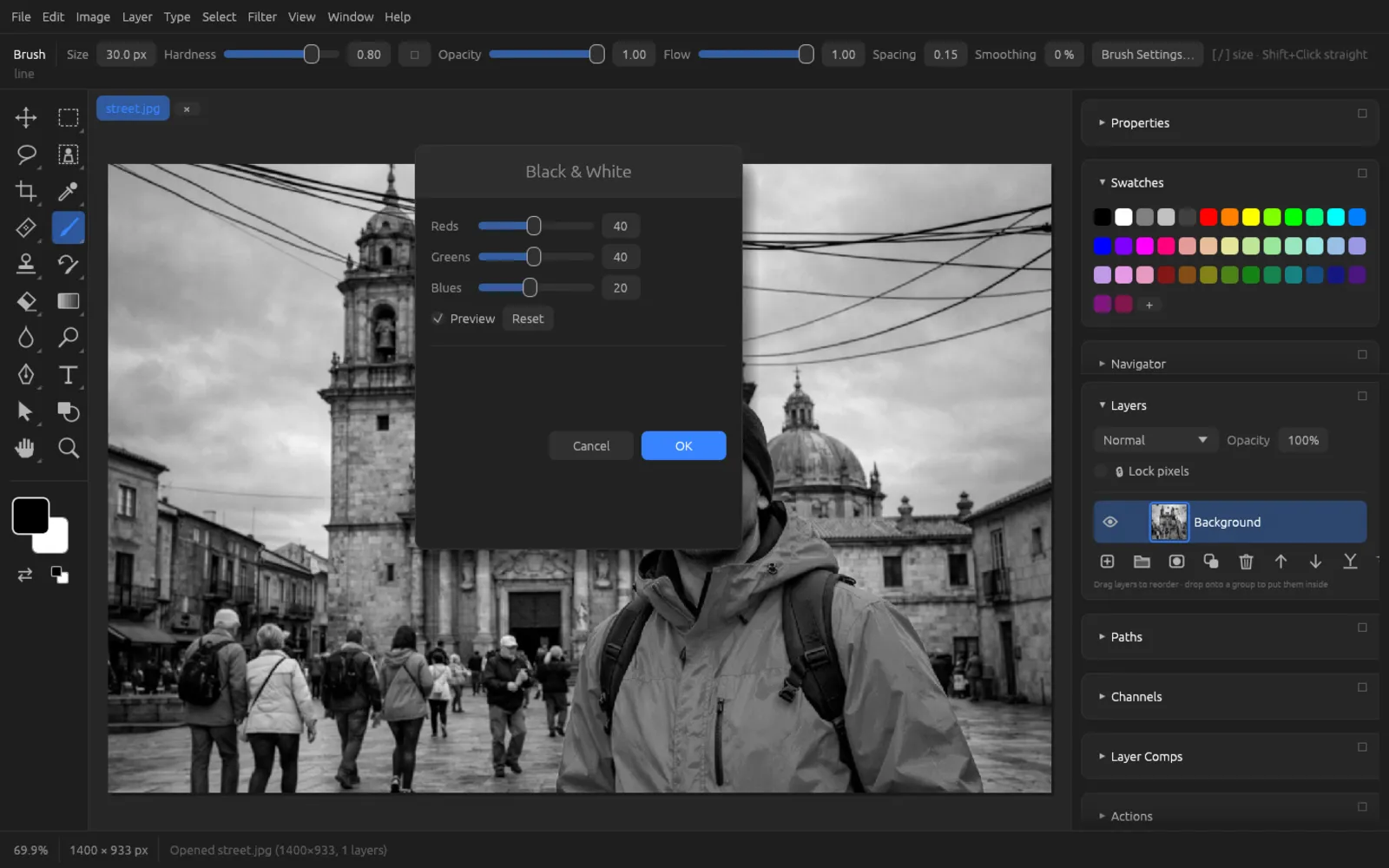 Black & White dialog with sliders for Reds, Greens and Blues; the image is gray