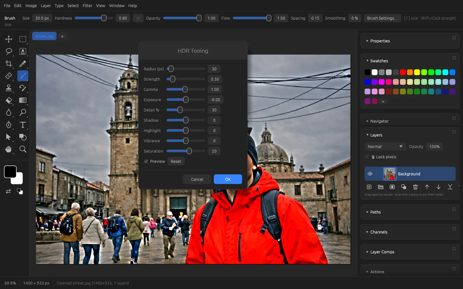 HDR Toning dialog with nine sliders