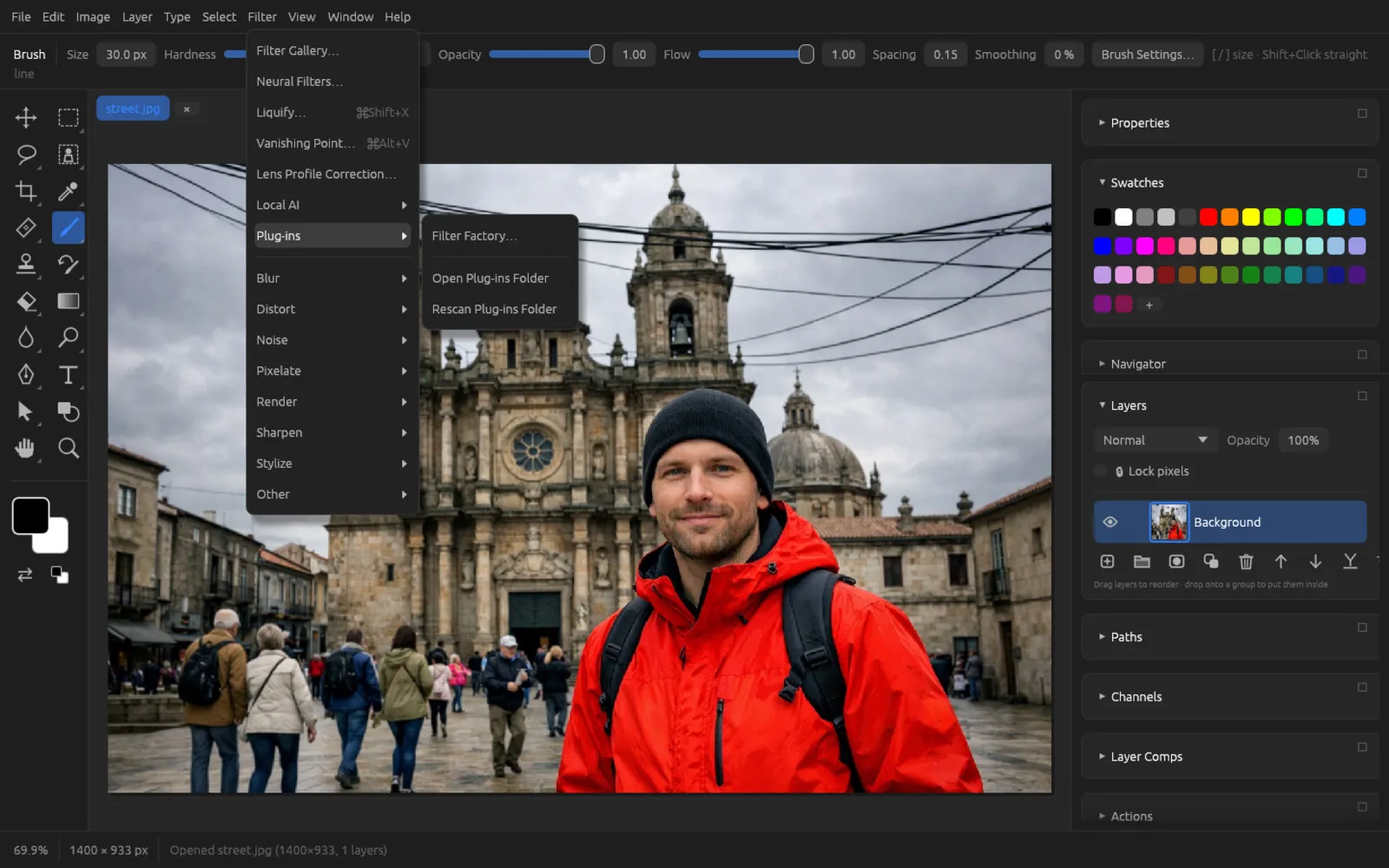 The Filter › Plug-ins menu with Filter Factory, Open Folder and Rescan