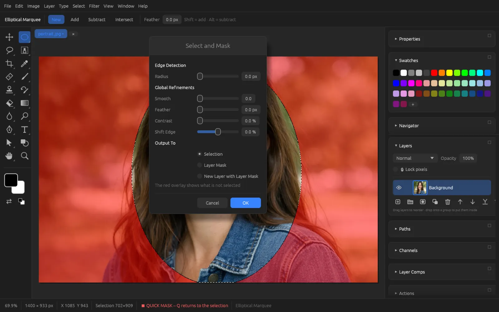 Select and Mask dialog with a red overlay over unselected areas
