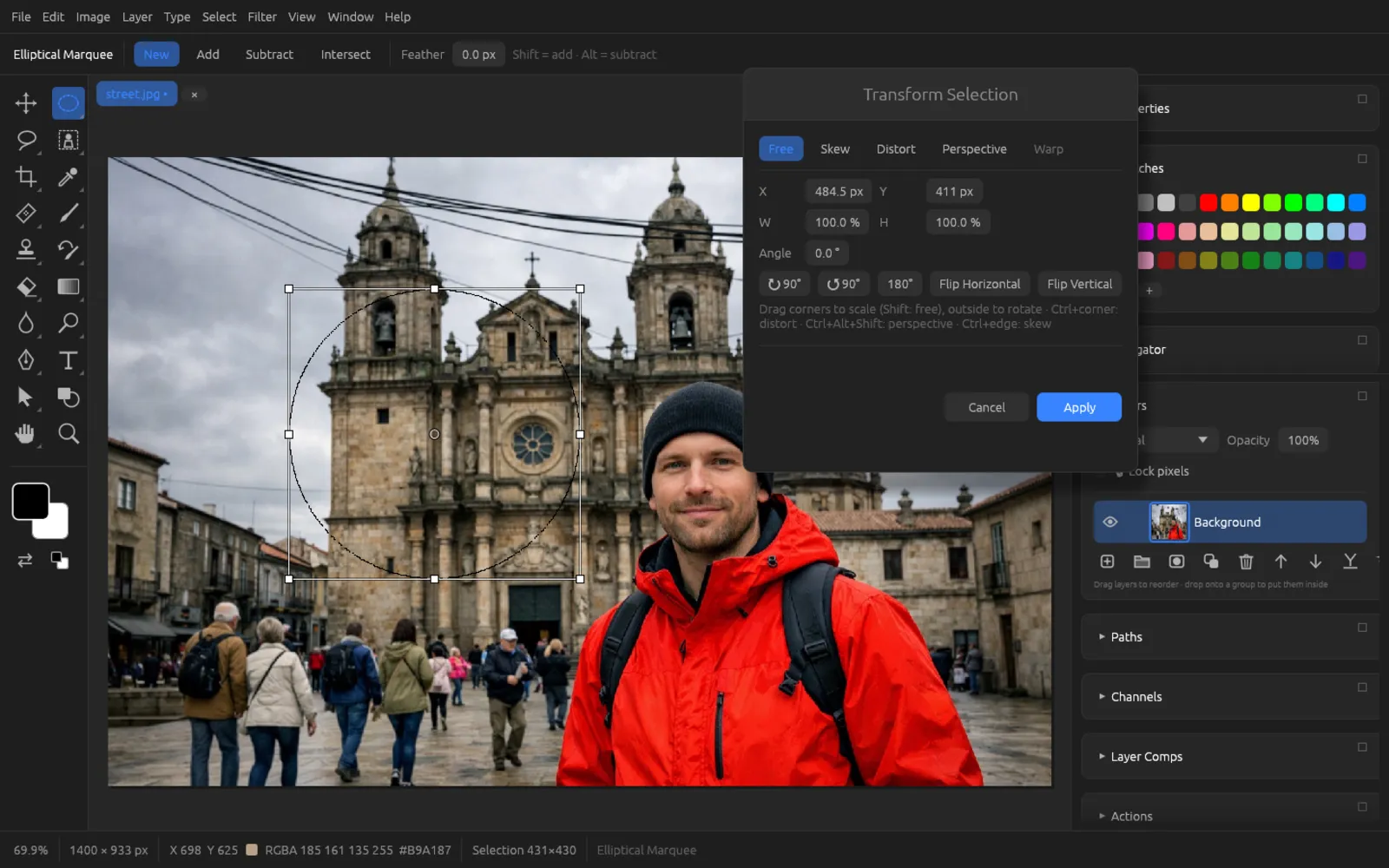 Elliptical selection with transform frame and dialog