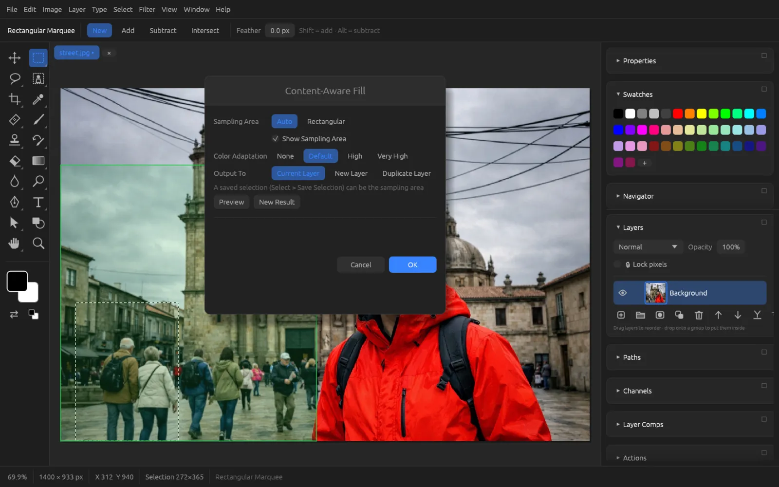 Content-Aware Fill dialog, the sampling area is marked in green