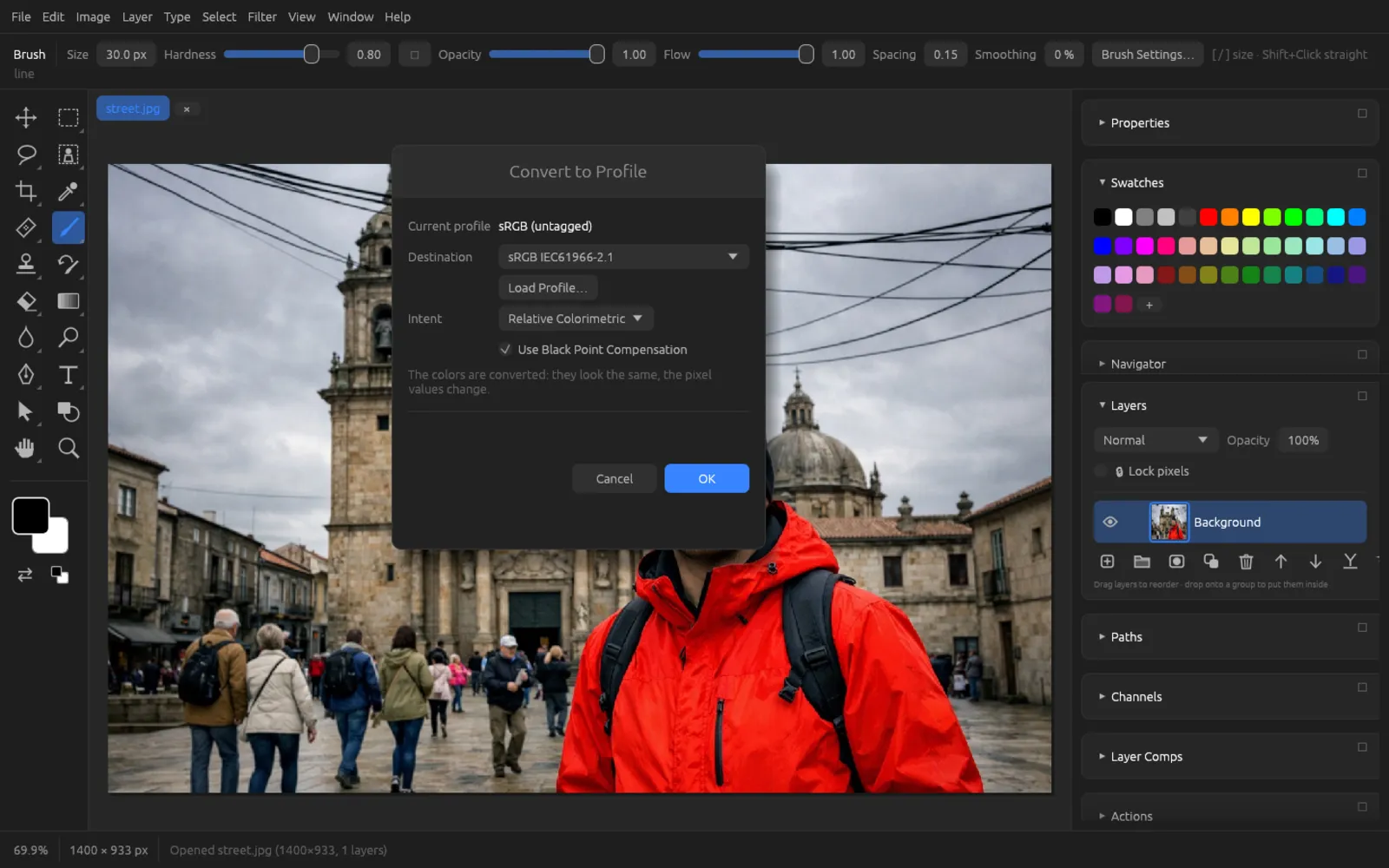 The Convert to Profile dialog with sRGB as destination, Relative Colorimetric intent and black point compensation