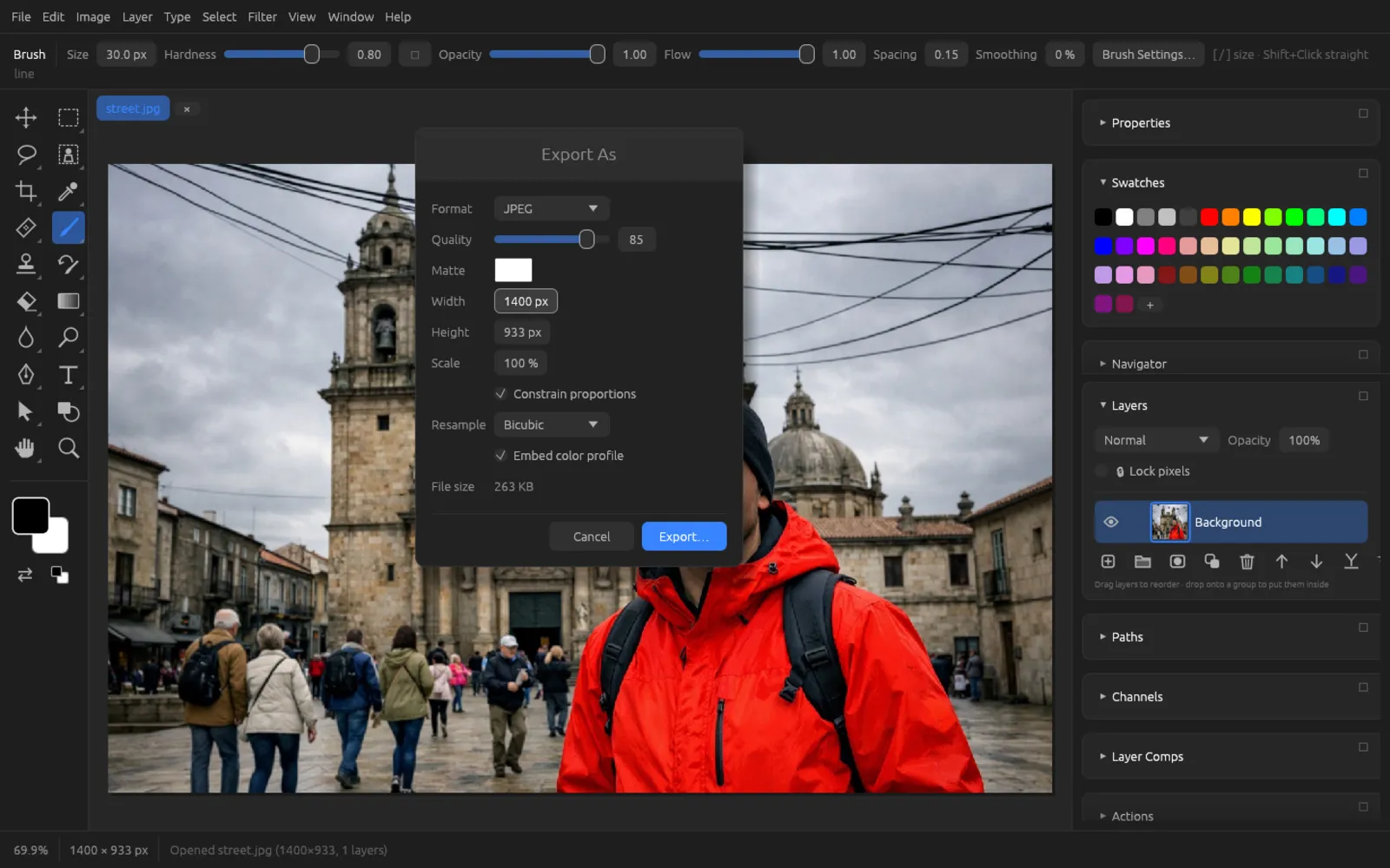 The Export As dialog with JPEG format, quality 85 and white matte color