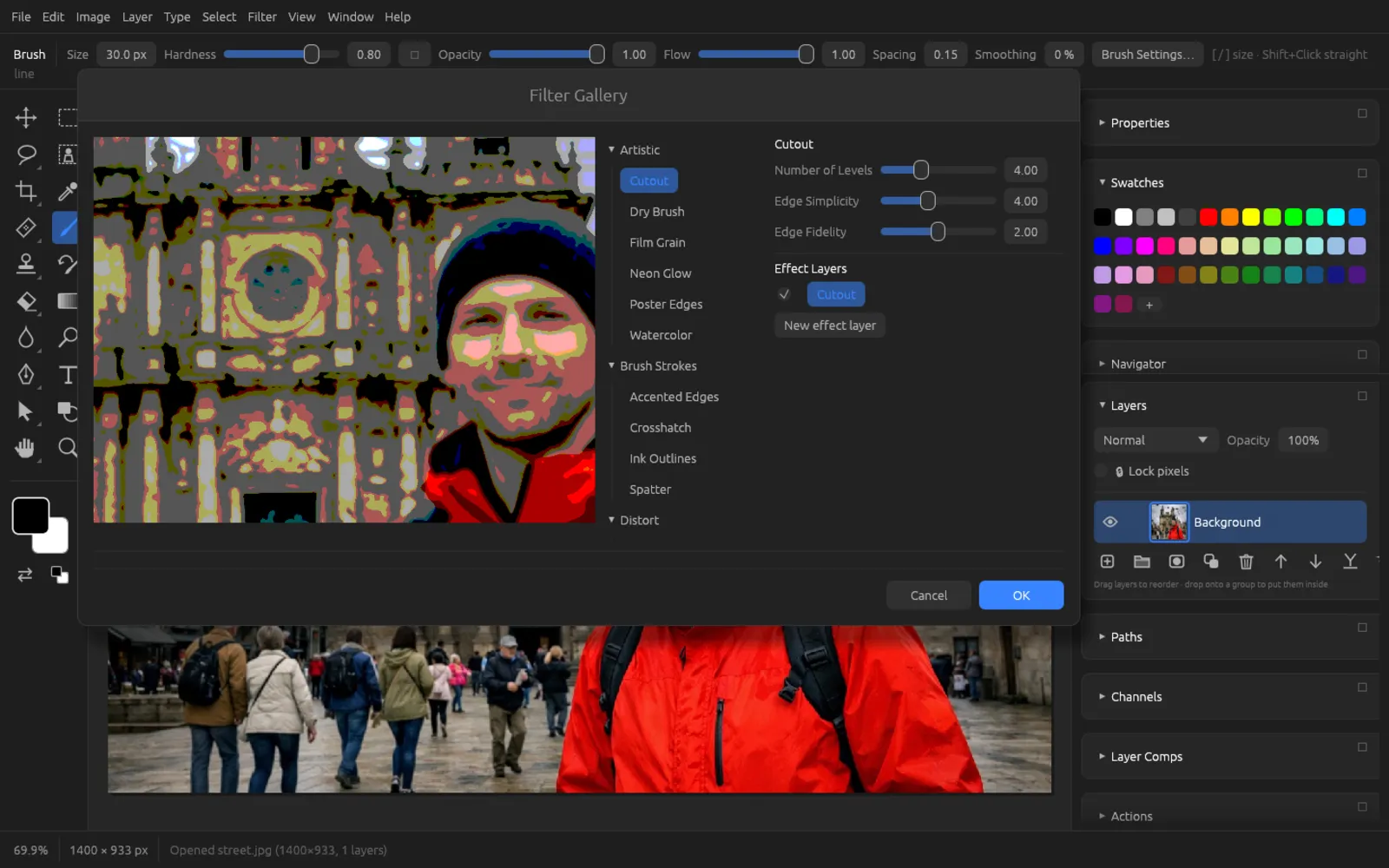 The Filter Gallery window with preview, filter list and sliders
