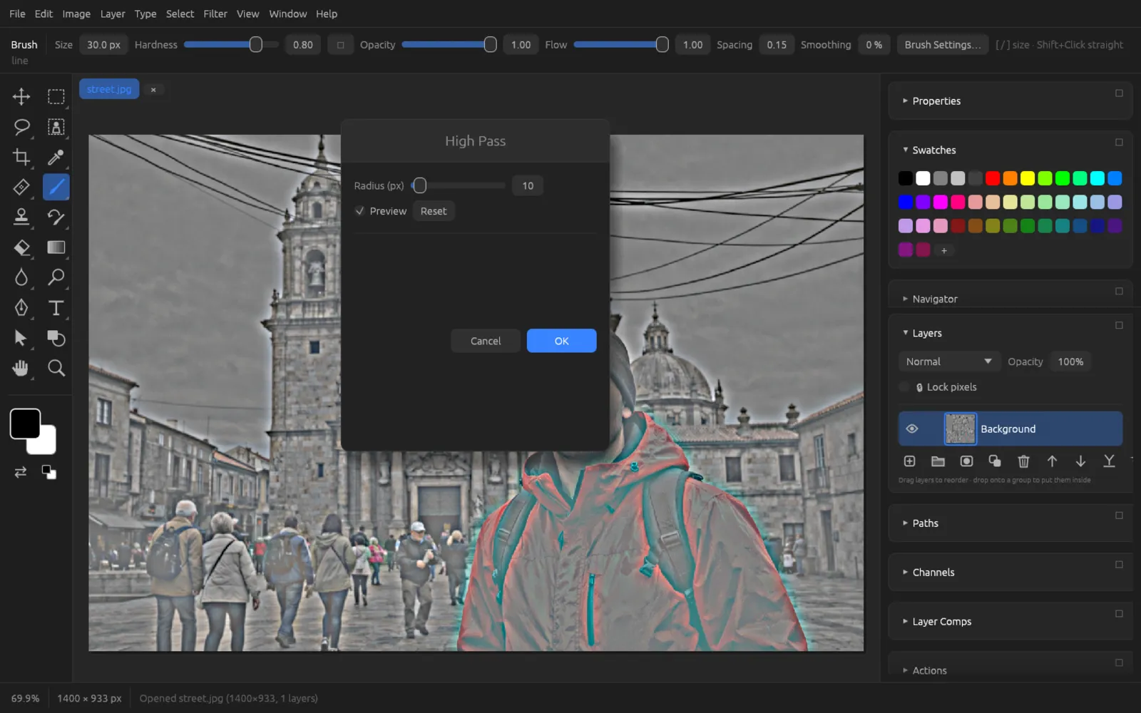 High Pass dialog; the image is gray with emphasized edges