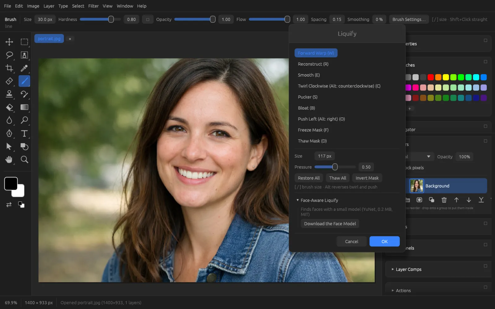 The Liquify window with tool list, Size, Pressure and the Face-Aware Liquify section