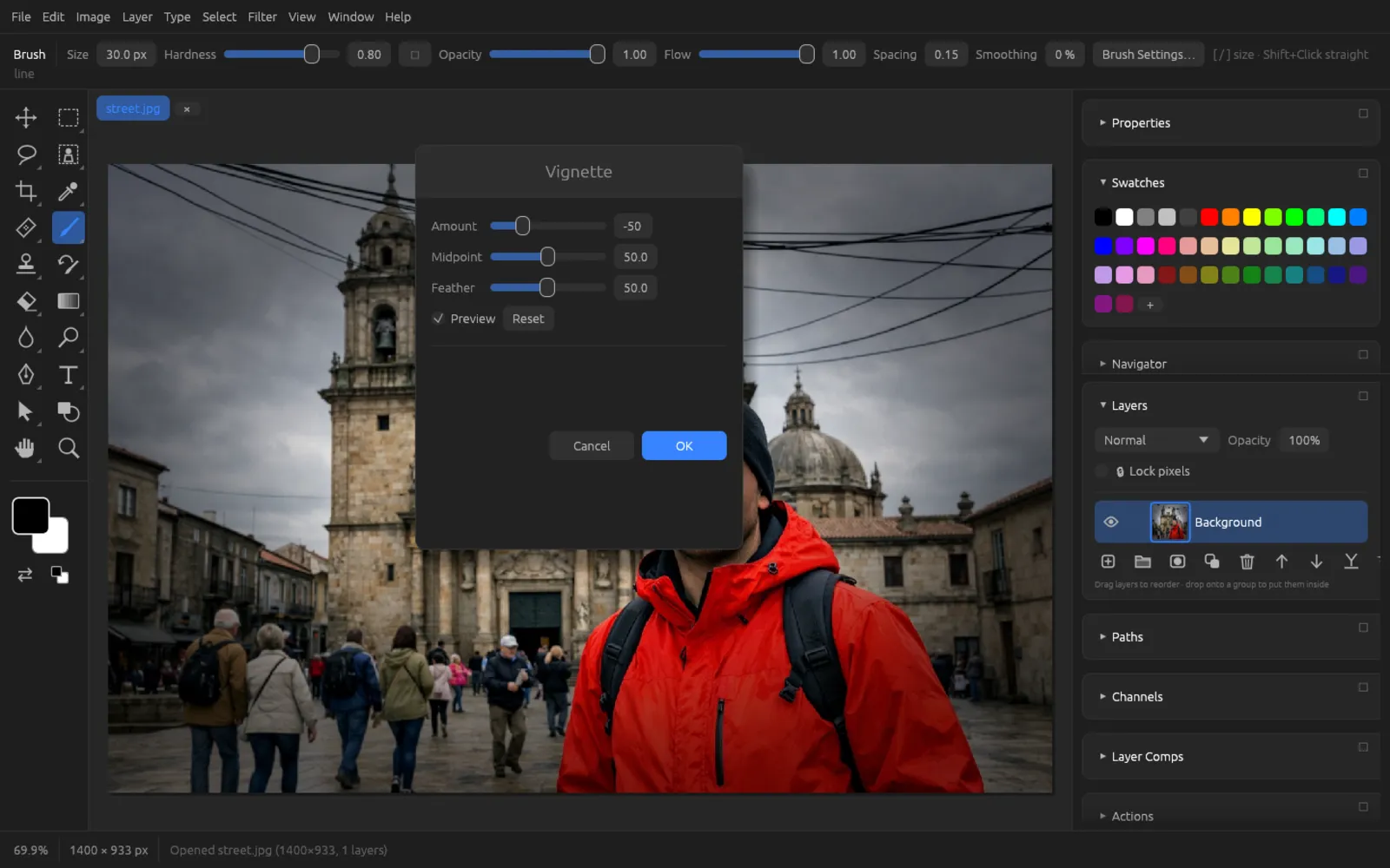 Vignette dialog; the edges of the image are darkened