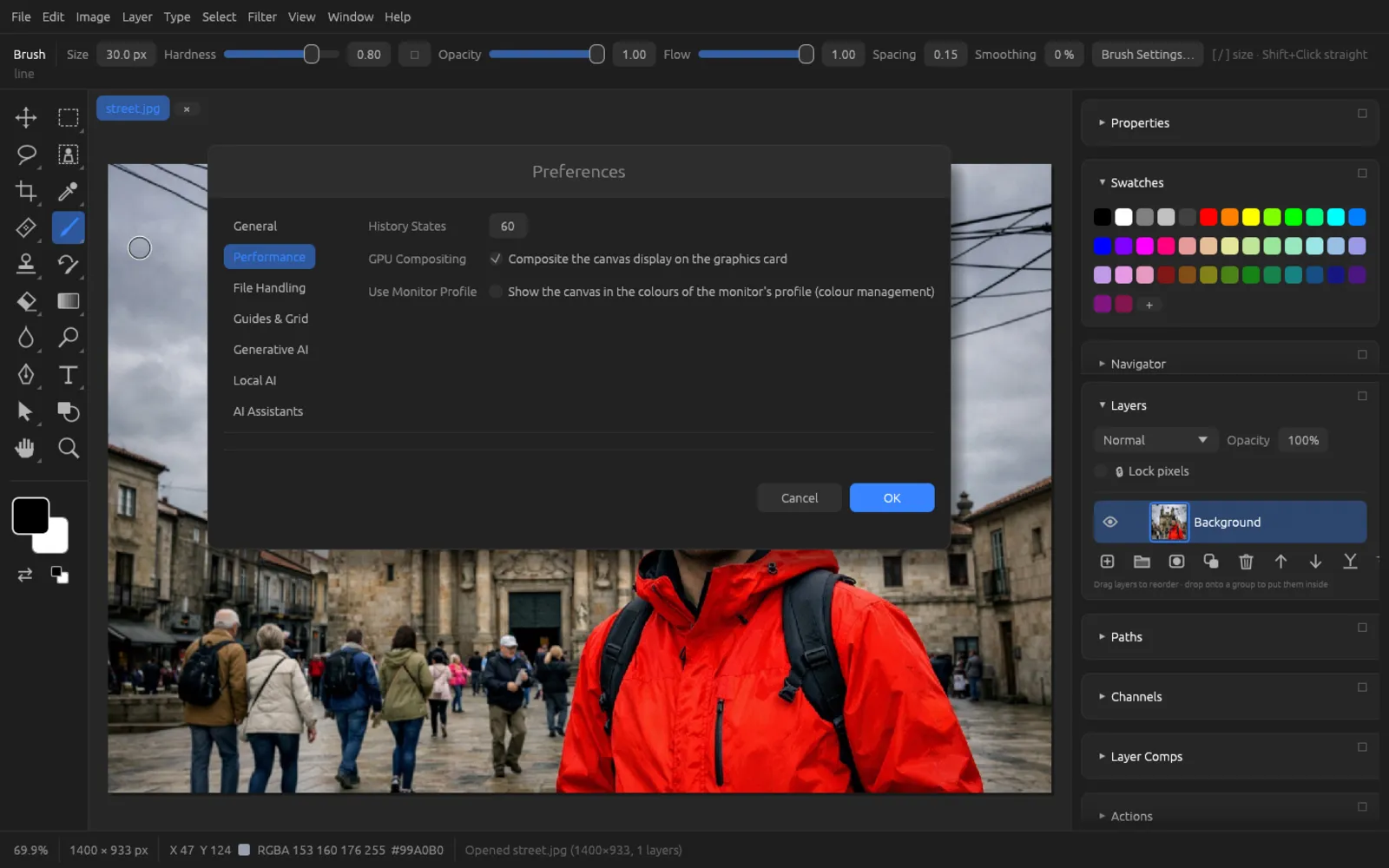Preferences, Performance page, with the Use Monitor Profile option