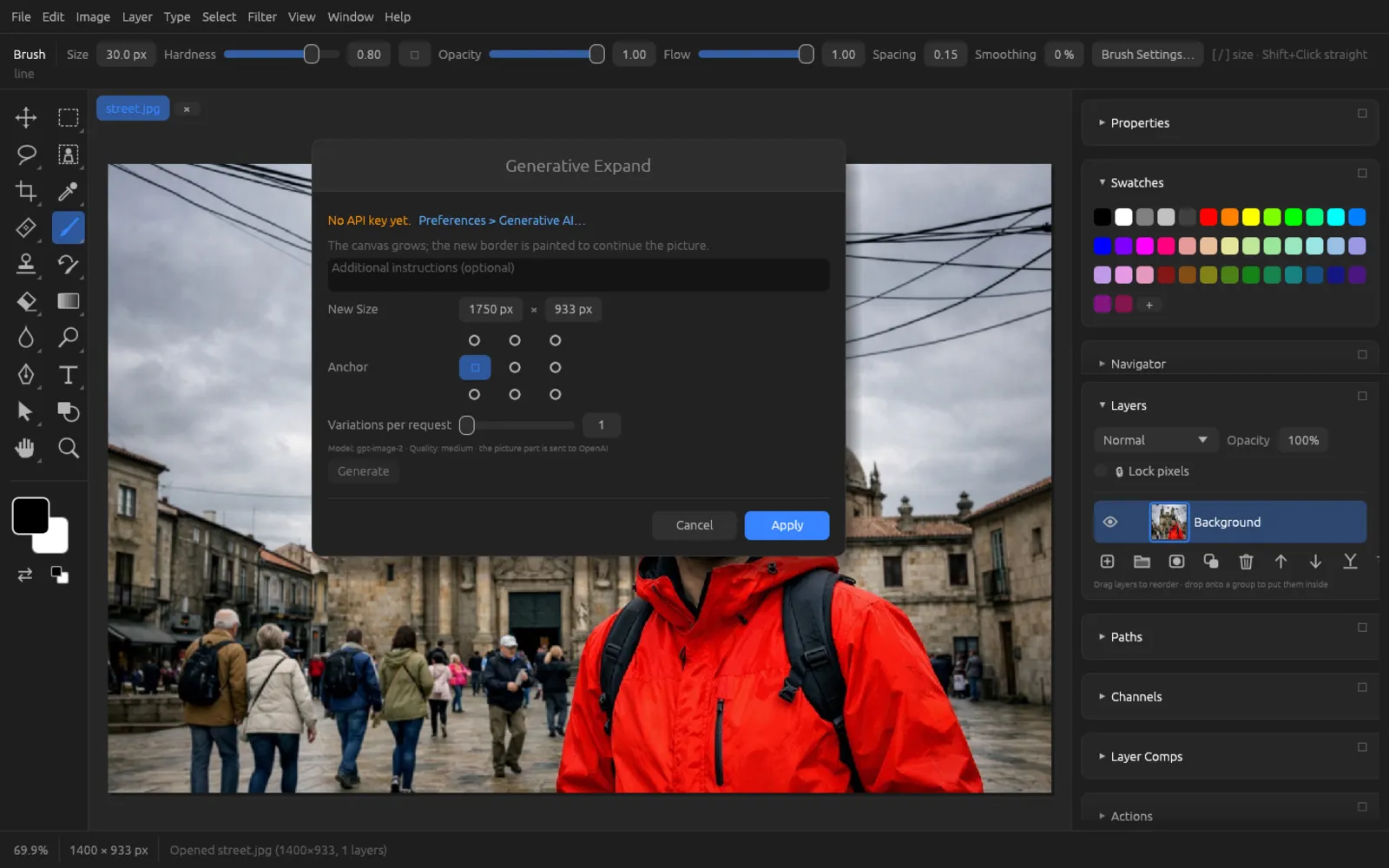 Generative Expand dialog with New Size 1750 × 933 px and the anchor grid