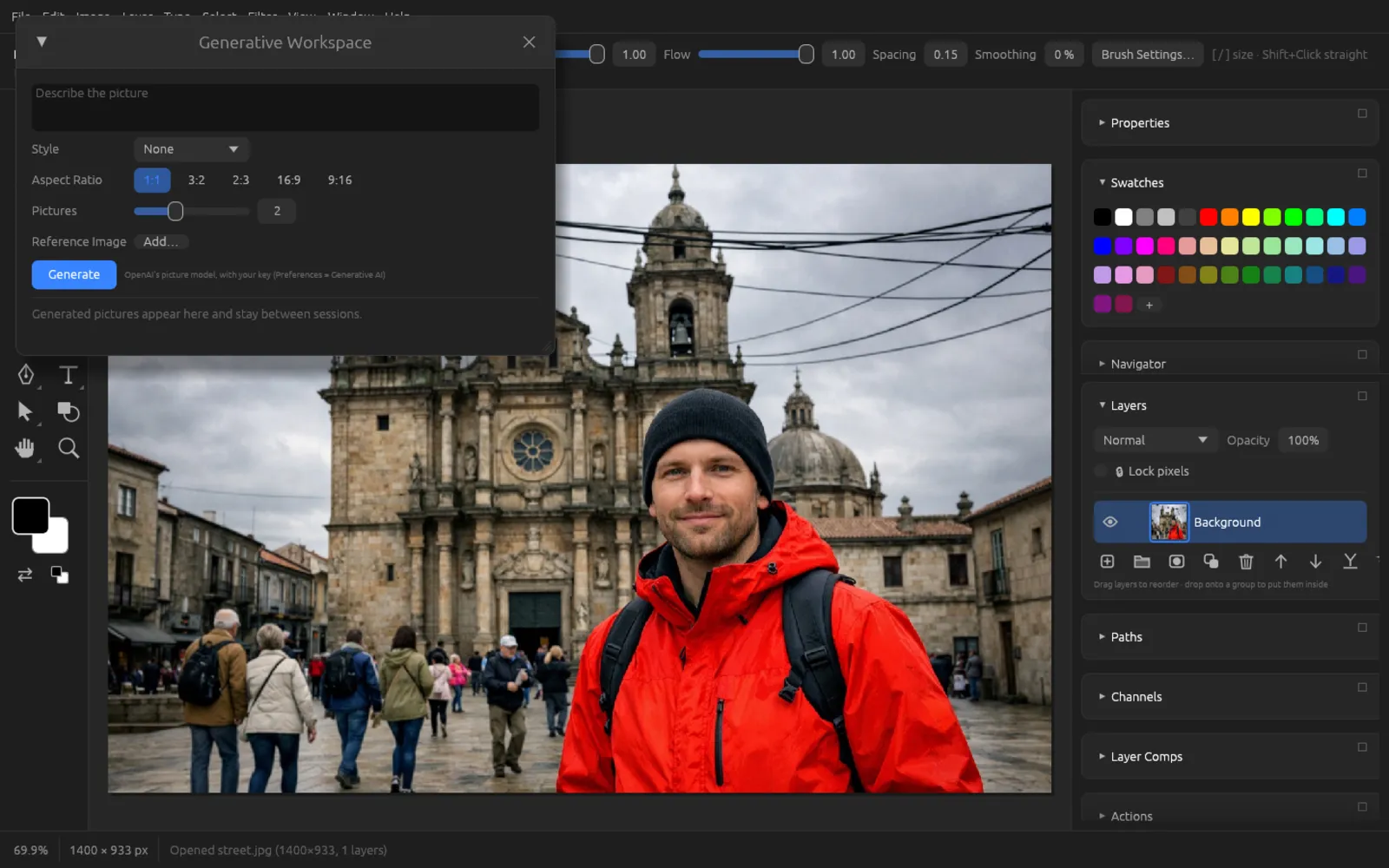 Generative Workspace window with prompt field, style, aspect ratio, number of images and reference image