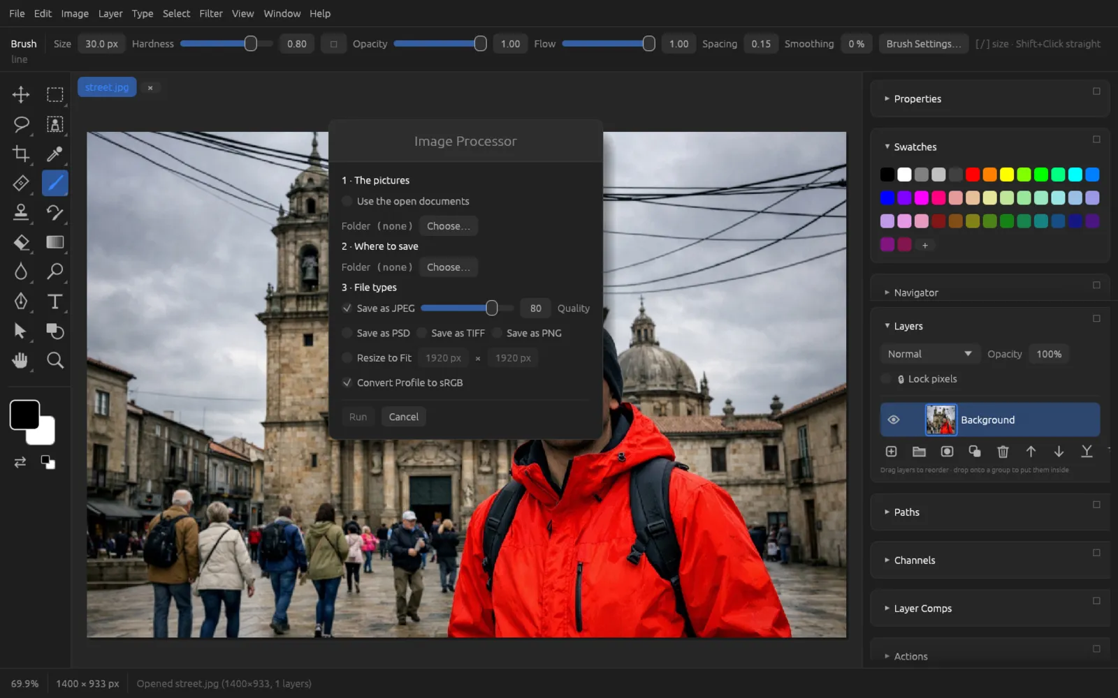 The Image Processor dialog with its three sections: pictures, where to save and file types