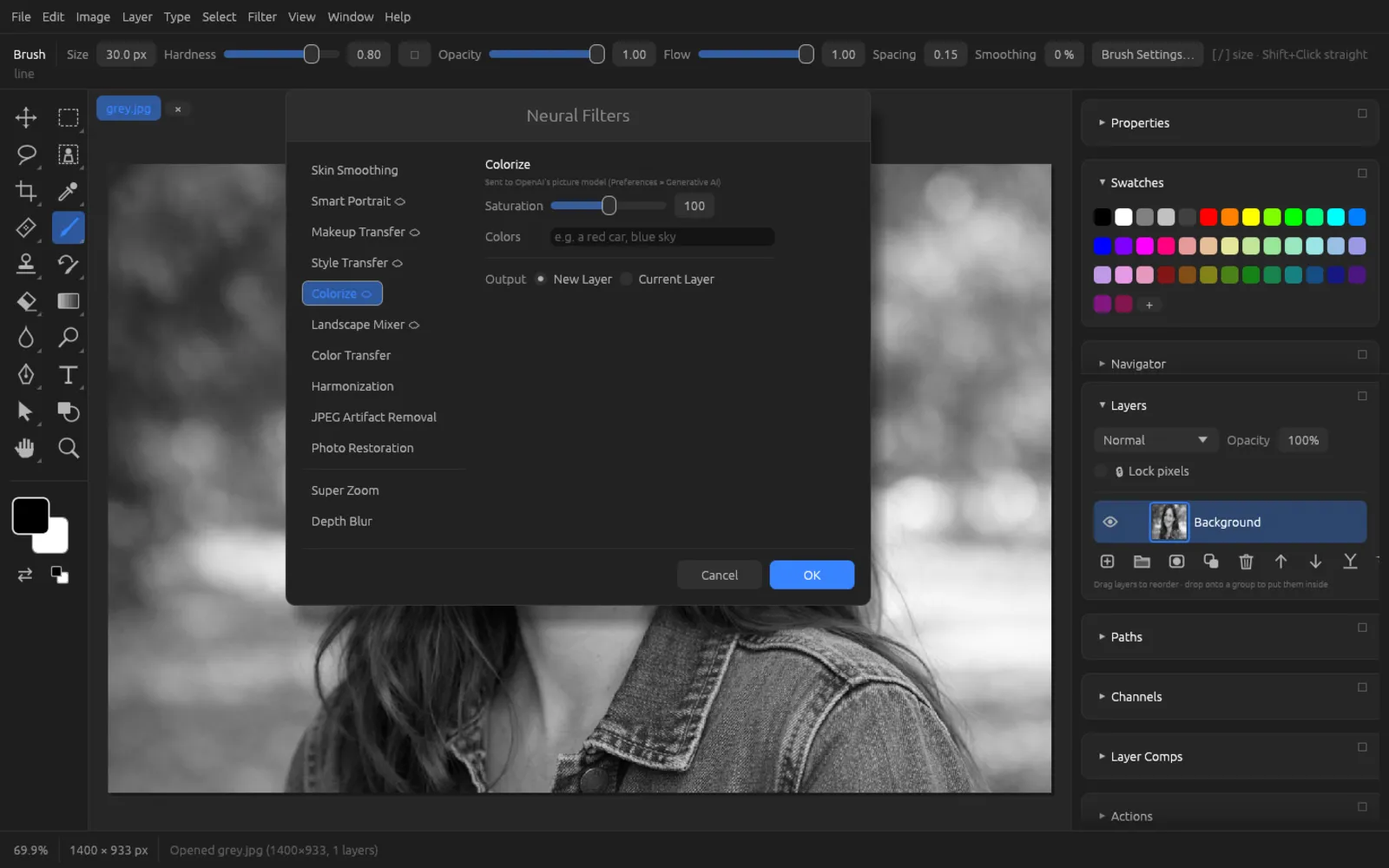 Neural Filters, Colorize with the Saturation slider and the Colors field over a black-and-white portrait