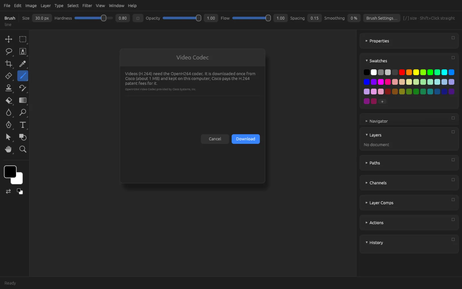 The Video Codec dialog with an explanation of OpenH264 and the Cancel and Download buttons