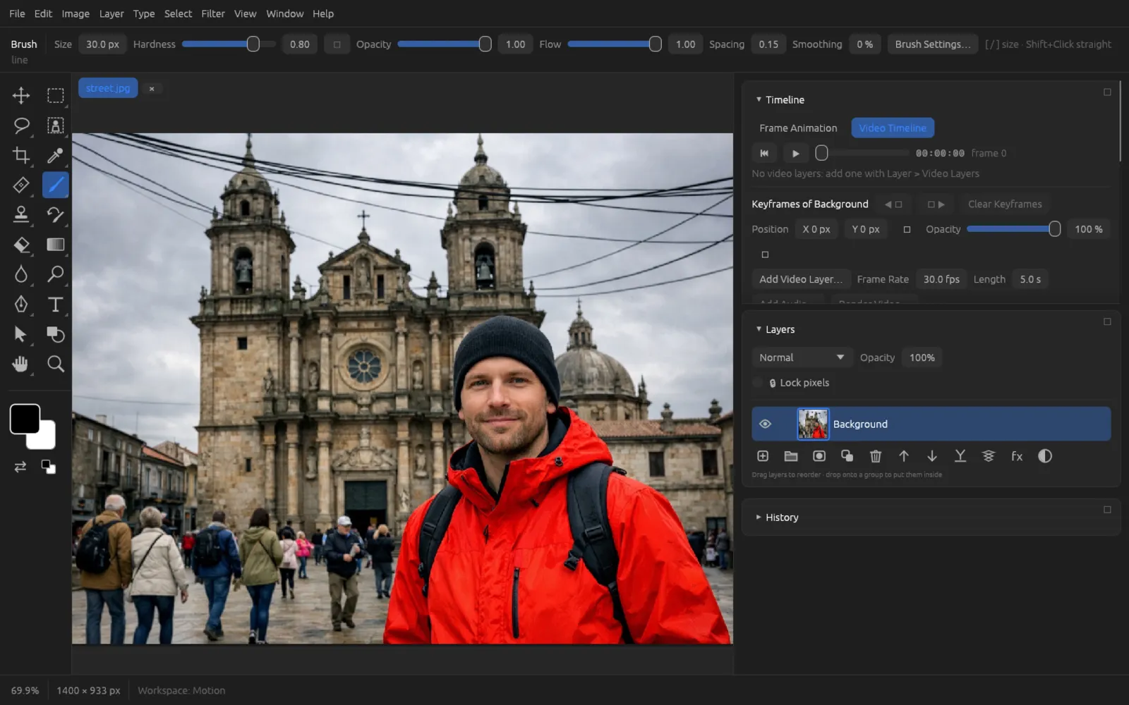 The timeline in Video Timeline mode with the playback bar, a keyframe row for the Background layer and buttons for video layer, frame rate and length