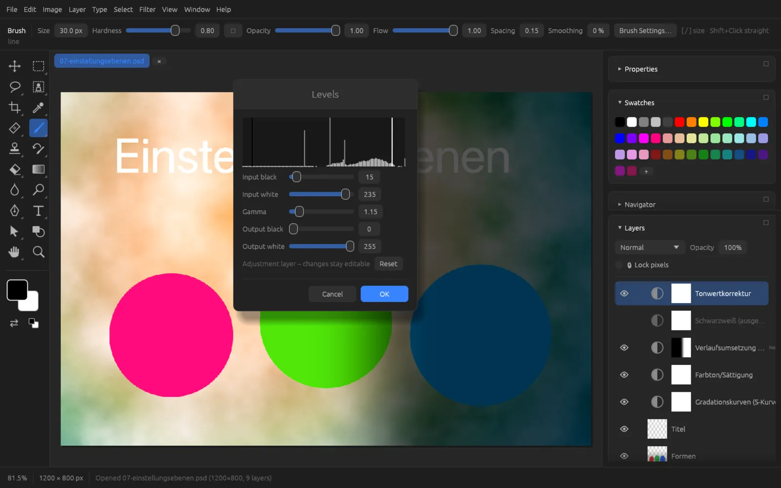 Levels dialog of an adjustment layer