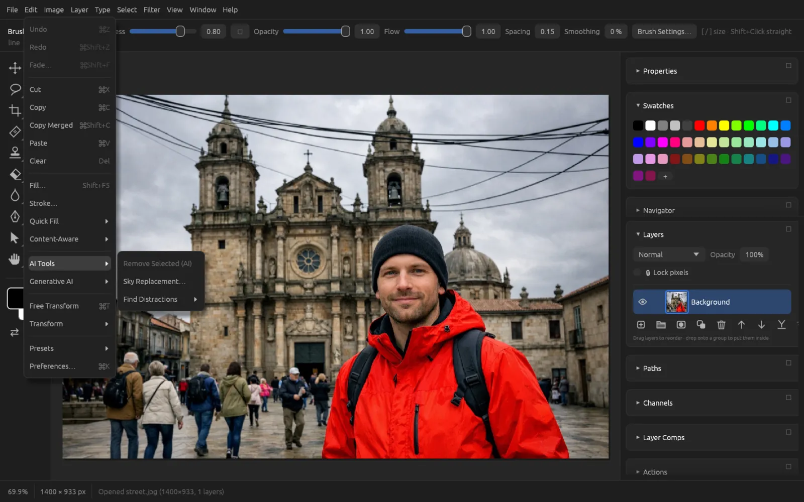 The Edit menu with the AI Tools submenu open