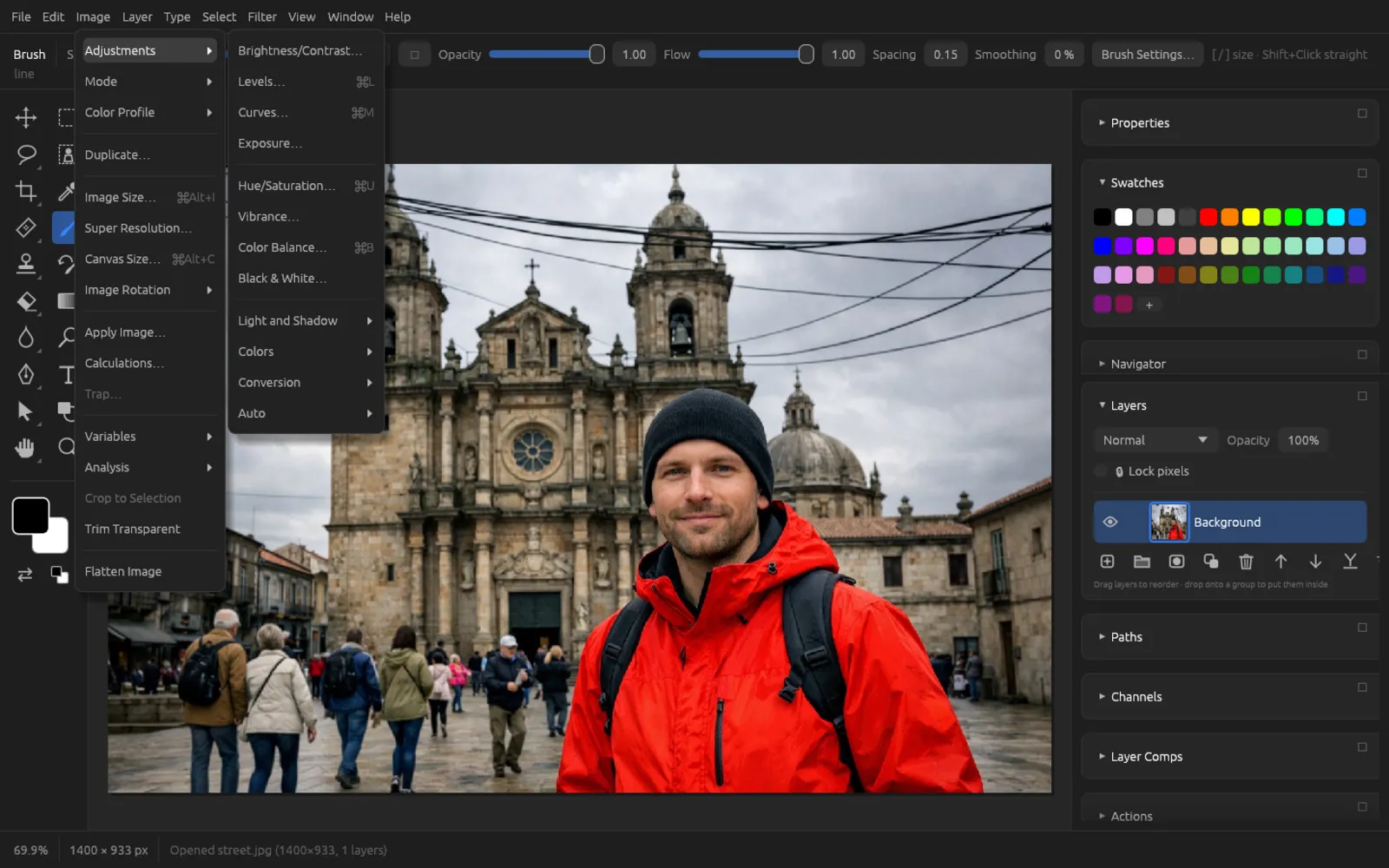 The open Image › Adjustments menu with its submenus
