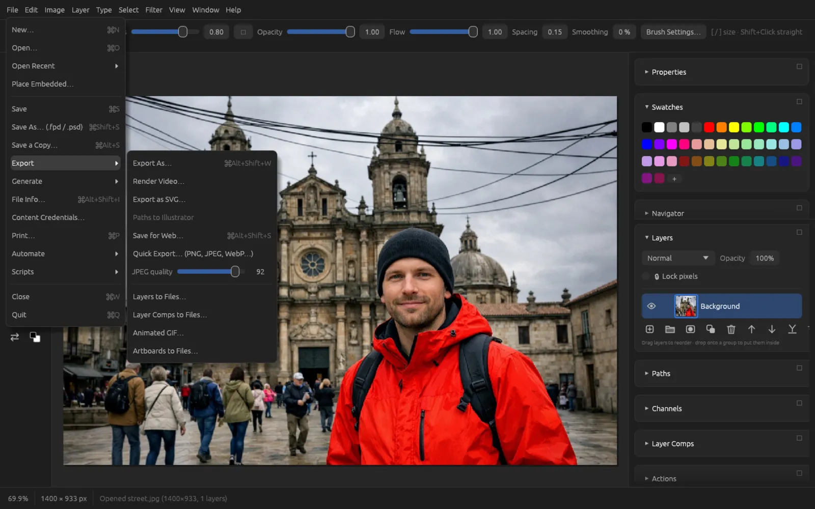 The File, Export submenu with all export commands