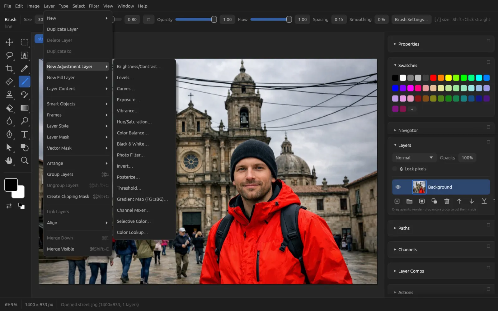 The New Adjustment Layer submenu with 16 entries