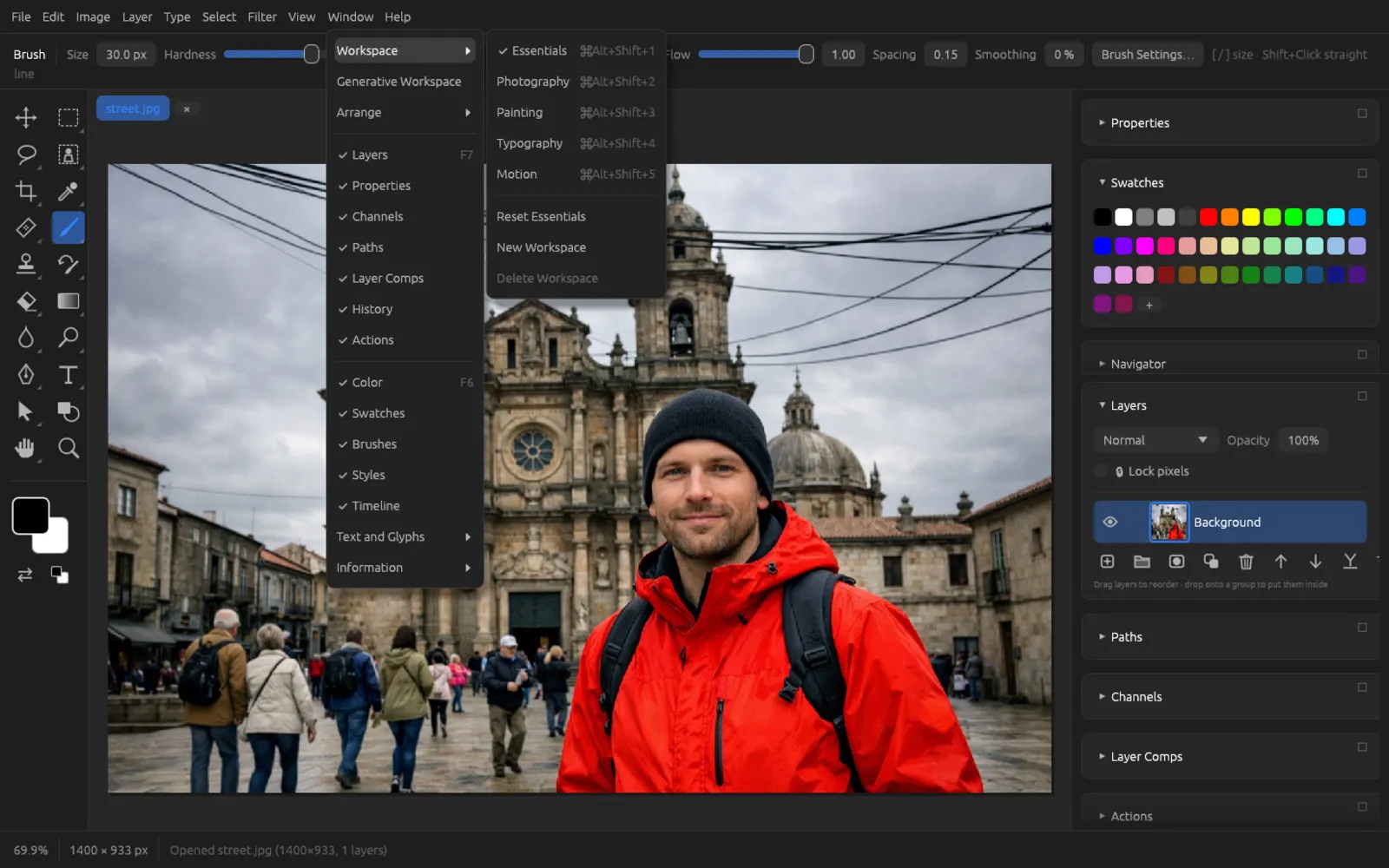 The Window › Workspace submenu with the five workspaces