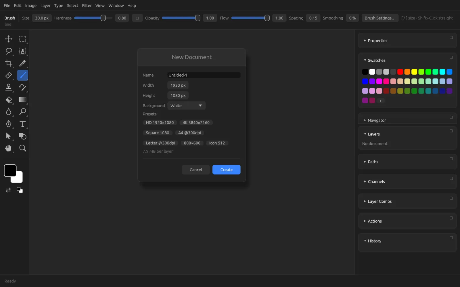 The New Document dialog with Name, Width, Height, Background and Presets