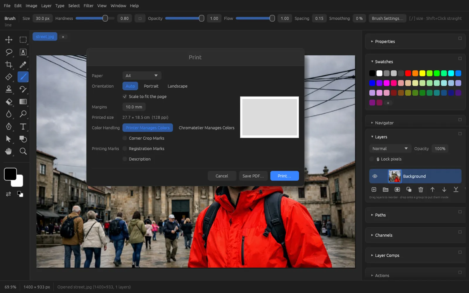 The Print dialog with paper, orientation, margins and printing marks