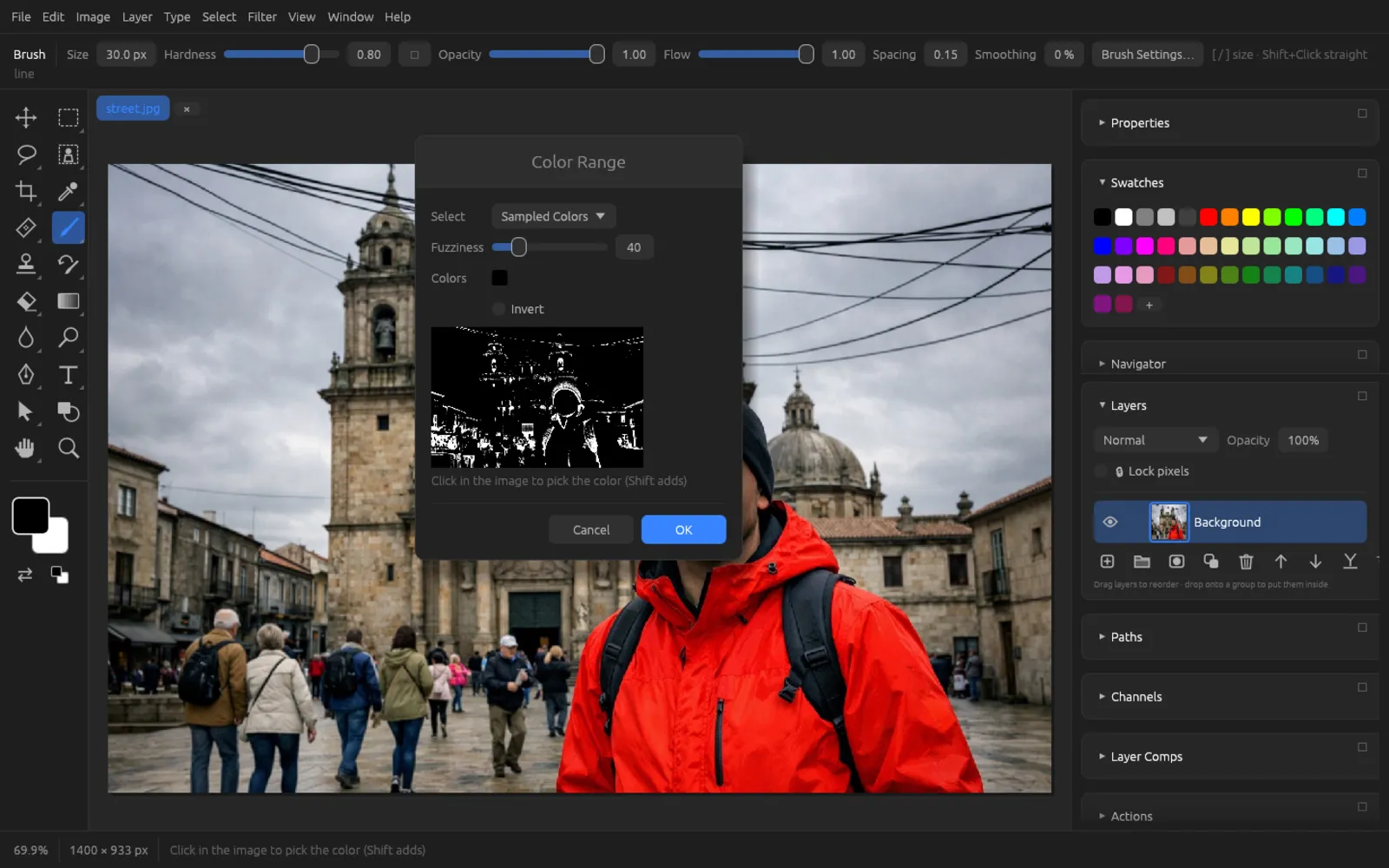 Color Range dialog with black-and-white preview