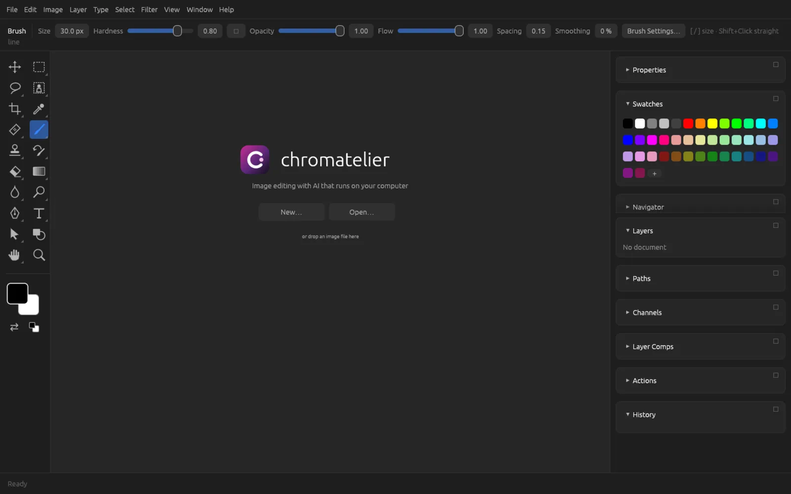 The Chromatelier start screen with the New and Open buttons