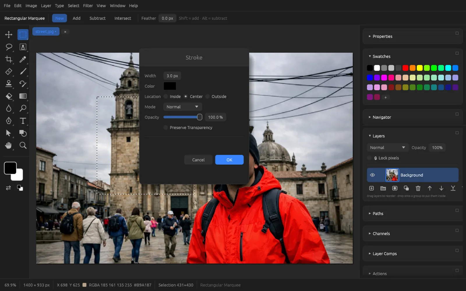 Stroke dialog with Width, Color, Location, Mode and Opacity