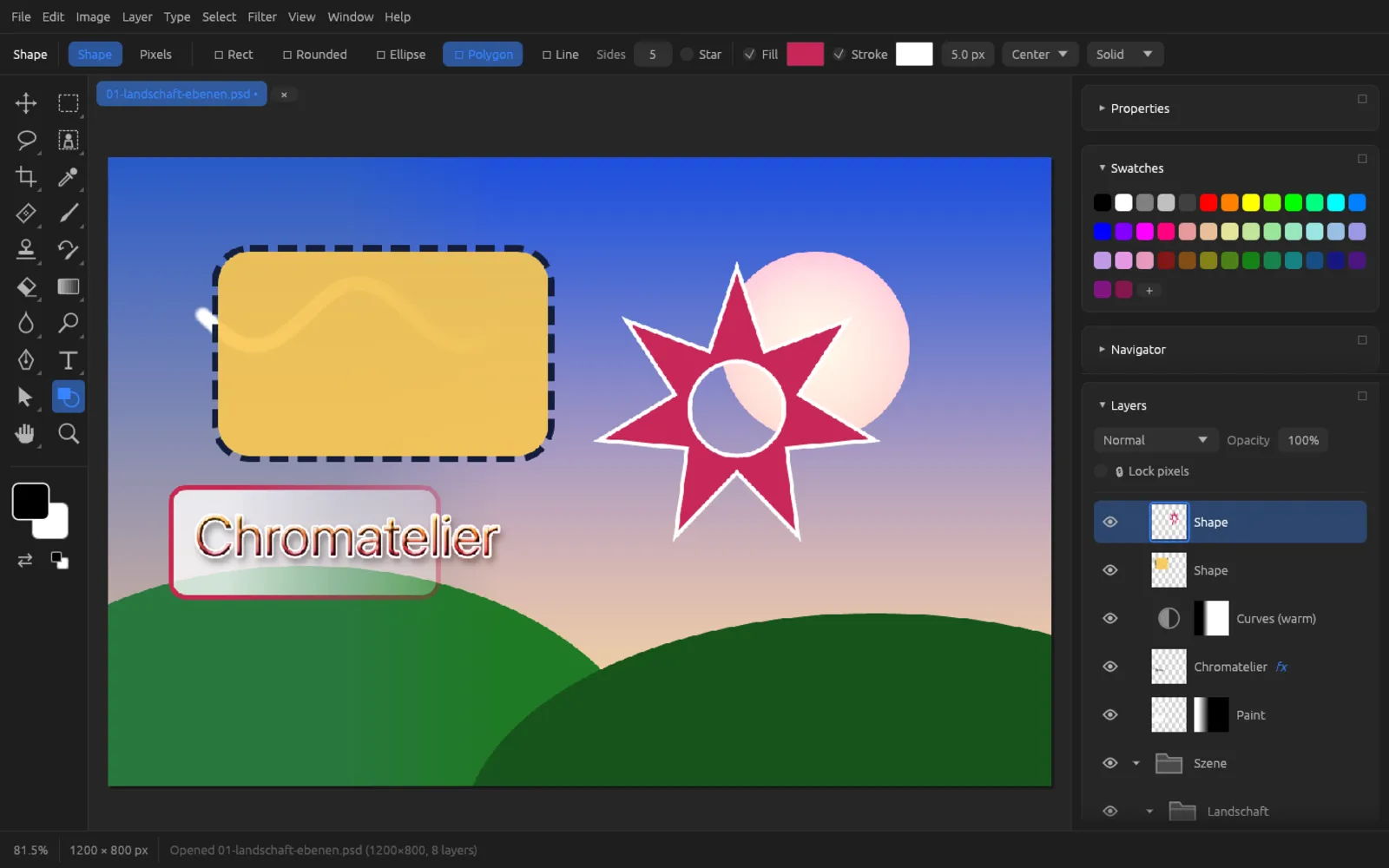 Shape layers: rounded rectangle with a dashed stroke and a star with a hole, options bar of the Shape tool