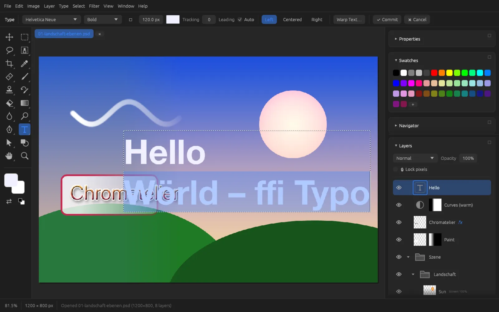 Type tool while editing, text highlighted, options bar with font, style, size, color, tracking, leading, alignment, Warp Text, Commit and Cancel