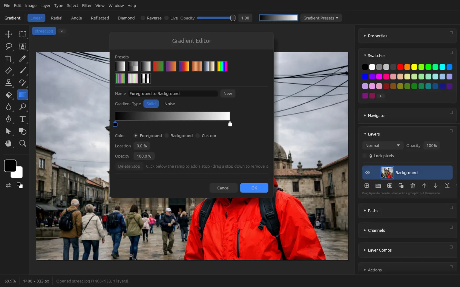 The Gradient Editor window with Presets, Name, Gradient Type, color ramp and the settings of the color stop
