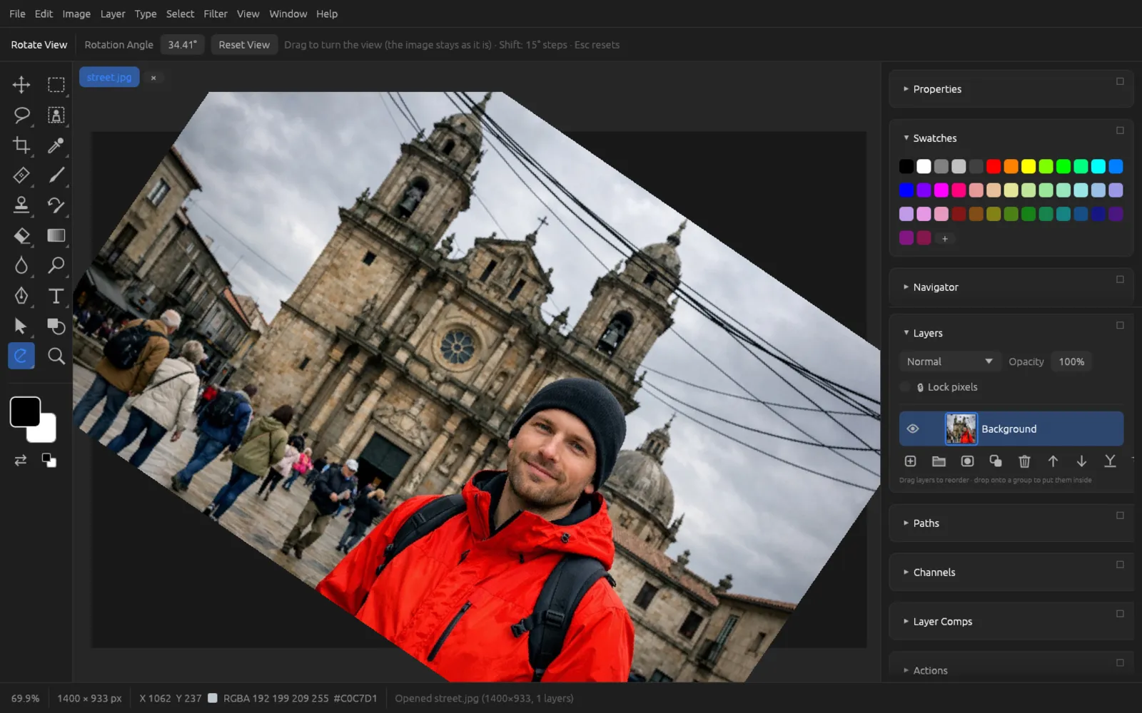 Rotated view of the photo with Rotation Angle in the options bar