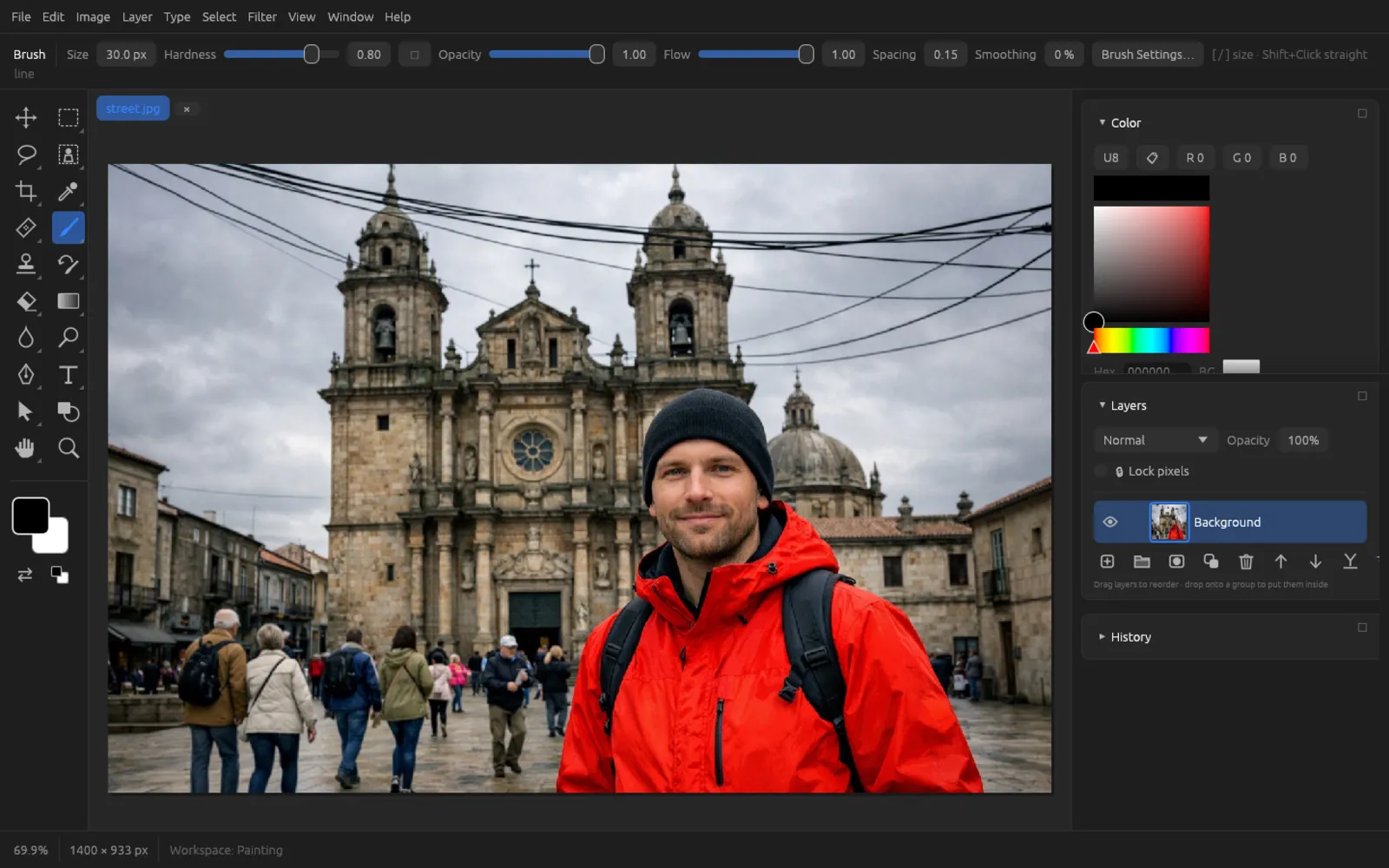 The Painting workspace with the color picker
